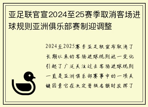 亚足联官宣2024至25赛季取消客场进球规则亚洲俱乐部赛制迎调整