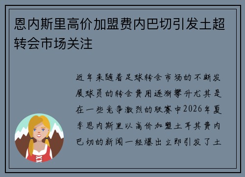 恩内斯里高价加盟费内巴切引发土超转会市场关注 恩内斯里高价加盟费内巴切引发土超转会市场关注